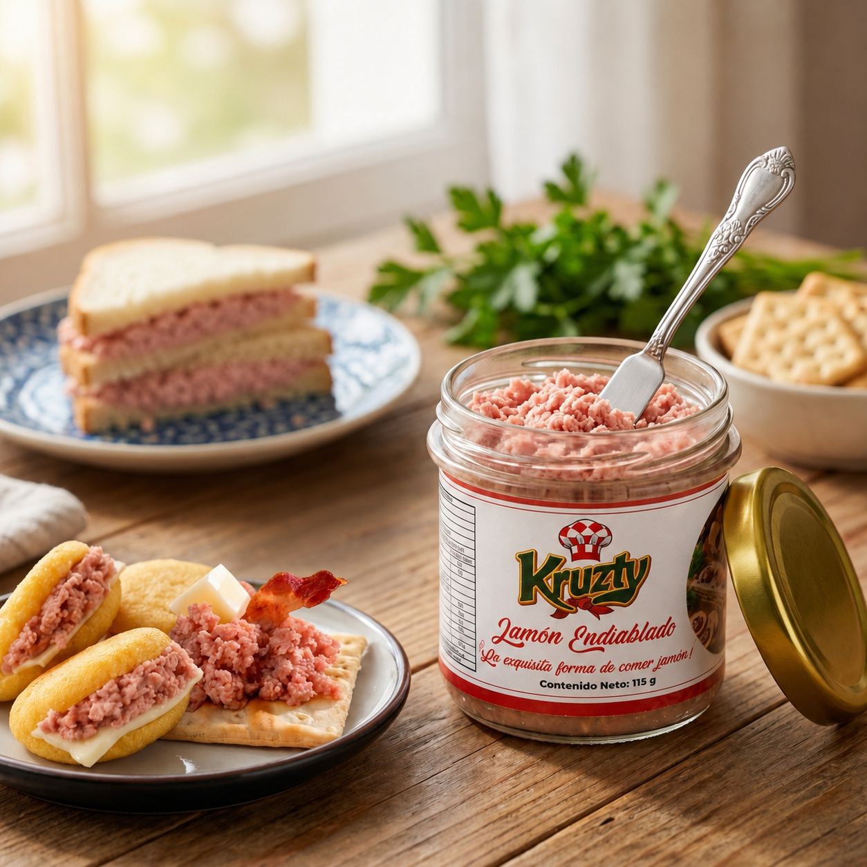Frasco de Jamón Endiablado Kruzty de 115 gramos acompañado con panes y galletas
