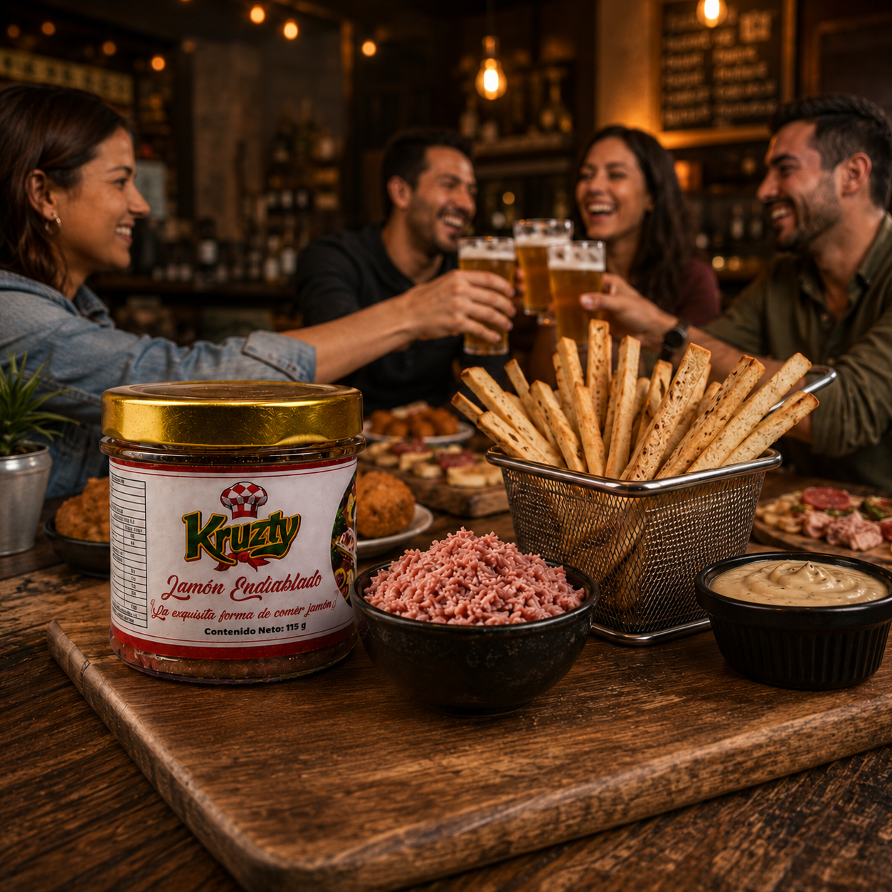 Amigos compartiendo Jamón Endiablado Kruzty